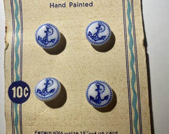 Vintage Specialty Buttons Plastic - Hand Painted - Nautical - Blue Ships Anchor on White - 4 on Card Size 18 - Sewing Notion - Costumakers