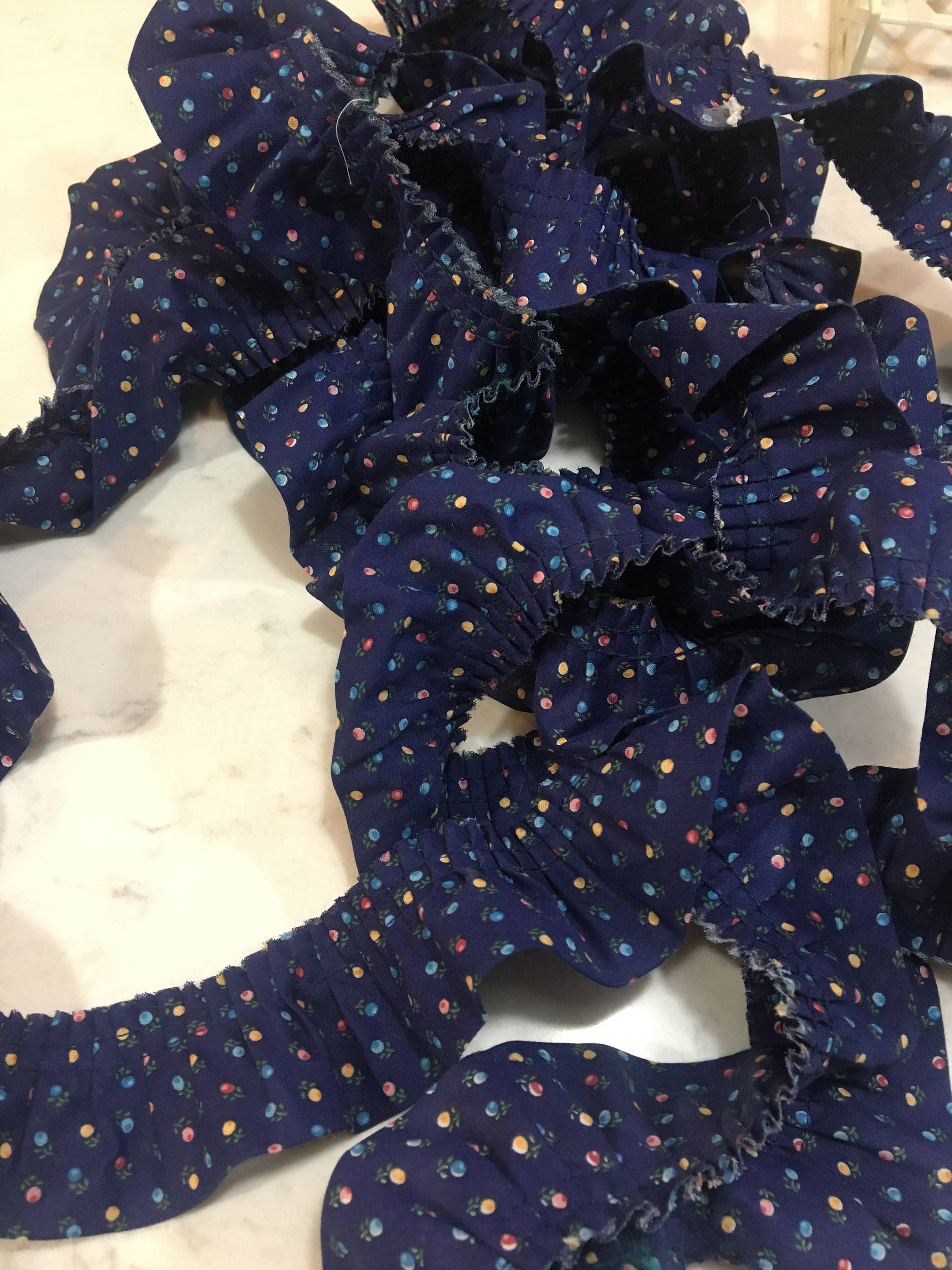 Fabric Ruffle - Gathered Navy Blue Cotton Fabric With Little Flowers, 2 ...