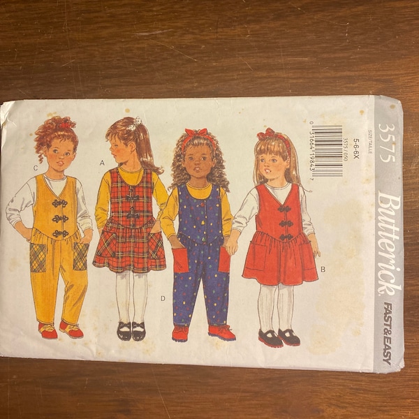 Toddler Girl's Sleeveless  Jumper / Jumpsuit & Top -  Butterick 3575  Pattern 1994 (uncut) Sizes 5 - 6 - 6x - Summer  Play Outfits