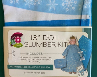 Slumber Kit for 18" Doll  Fabric PANEL, Daisy Kingdom - Ready to Sew doll clothes -  PJs, Blanket, Pillow, Dog (preprinted fabric)