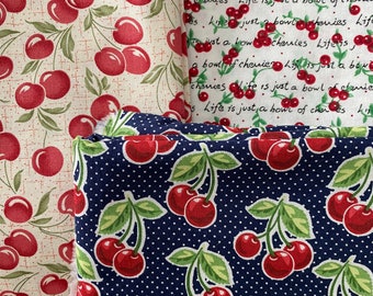 Pick a Cherry Print Fabric White or Blue Background with Red Cherries -  Fruit Cherry Delight