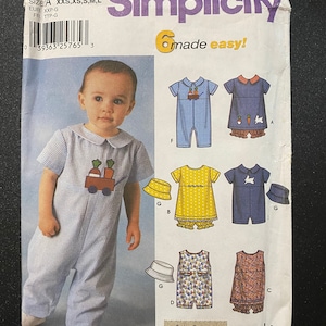 May include: Simplicity sewing pattern #200, "made easy!" for baby clothes. The pattern includes six different designs: a blue and white gingham jumpsuit with a vegetable patch design, a blue and white gingham dress with a bunny and carrot design, a yellow dress with white polka dots, a blue jumpsuit with a white star design, a blue and white patterned jumpsuit, and a floral print dress. The pattern is designed by Karen Z.