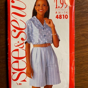 Misses Shirt / Shorts Butterick See & Sew 4810  Easy Pattern - Adult Petite Size A ( 6 - 14) Classic Lines -  1990 - uncut