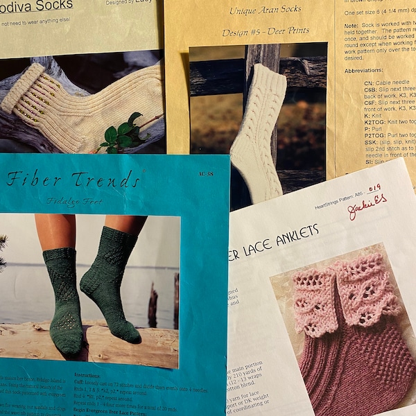 4  Knit Sock Patterns Aran Socks, Godiva Beaded Socks, Summer Lace Anklets, Fidalgo Feet - Knitting Instructions -  1995 / 99 / 2001