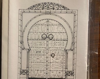 Cartões de felicitações em branco para porta ornamentada preto e branco - envelope w - 5 1/2" x 9" - D. Wood Tunis - Desenhos impressos - 1971 - Pacote fechado de 8 cartões