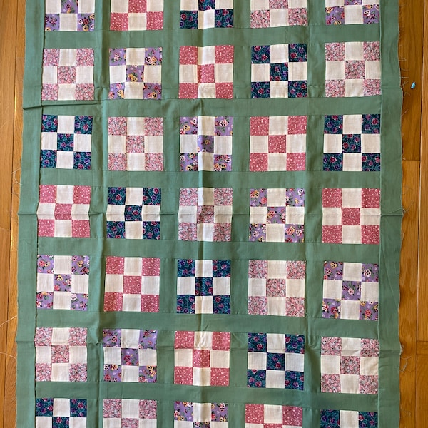 Pieced Quilt Top Green Pink Fabric Block Piece 30.5" x 44" - Square blocks ready to finish into Lap Quilt or enlarge + Matching fabric Back