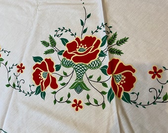 White Base Cloth with Red Flowers in Green Baskets Round Tablecloth  70" Diameter Circle. Printed - Everyday or Holiday Covering