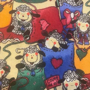 Count Your Smiles - Sheep Farm Life / Animal  Fabric 36&quot;x 44&quot; Print - Blue / Red / Green / Yellow - Annie Lang