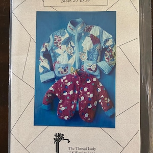 May include: A pattern for a Crazy Kids Jacket, sizes 2T to 14, featuring two colorful quilted jackets. The top jacket is blue, white, and red, while the bottom jacket is primarily maroon with white accents. The pattern is from The Thread Lady.