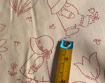 Redwork Sunbonnet Sue, Overall Bill / Little Girls, Boys - Fabric Quilt -36" or 27" x 44"  Pick: White or Ivory Background - Children Flower