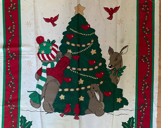 Santa with sack of toys in the forest christmas fabric panel with