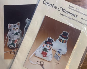Pick: Snowman or Kitty Scissor Fob / Needle Keeper - Needlepoint Embroidery Cross Stitch Chart -  1995   Sewing Notion / Accessory