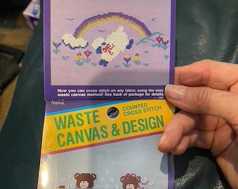 Easter Pick: Teddy & Baskets or Lamb with Rainbow - Cross Stitch Chart / Waste Canvas and Floss Set / Kit to add to Shirts Clothing etc-
