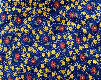Red / Yellow Flowery (Flower Garden)  Navy Blue Background Fabric - 36" + a bit x 44" wide - Vintage