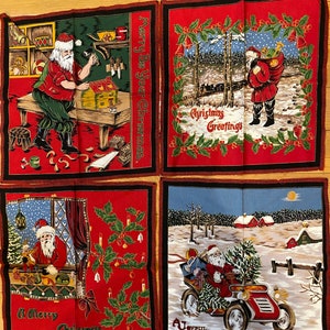 Country Santa Claus Christmas Fabric PANELs to Sew, 4 - 13&quot; x 13&quot; Ready to Sew - Pillows, Wallhangings, Quilts, clothing etc
