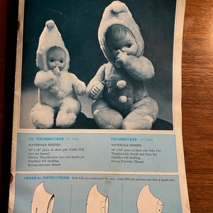 Thumbsucker Dolls - Patterns - mid 1970s - Baby, Poodle Dog, Bear, Lion, Thumbsucker Bear, Clown, Monkey