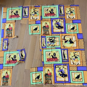 Halloween Fabric PANEL to Sew, 25 - Miniature Pictures Ready to Sew Pumpkin, Spider, Black Cat, Witch - pillow, add quilt, tote bag etc.