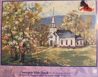 Countryside White Church -  Bucilla Counted Cross Stitch Kit - 42761  - 12" x 9" - 2001 - Nancy Rossi / Cooler Design - Unopened