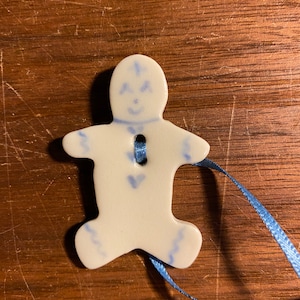 Gingerbread Person / Man / Vintage Specialty Button Ceramic - 1.75&quot; - White with Blue