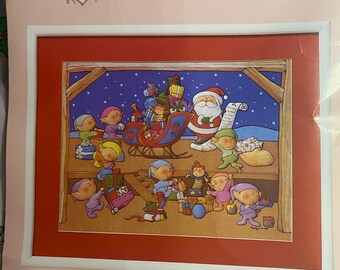 Cuadro/Almohadón navideño de Elfkins y Papá Noel - Kit de costura rápida/fácil Creative Circle 2284 (abierto en 1986)