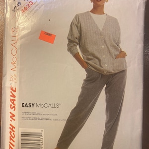 May include: A sewing pattern for a cardigan and pants. The pattern is for stretch knits only. The pattern number is 4623. The price is $2.95. The pattern is on clearance.