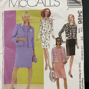 Misses Shift Dress & Jacket McCall&#39;s 3496 Easy Pattern - Adulto Talla 16 a 22 - Líneas Clásicas - 2002