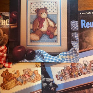 Teddy Bear Pick: Apples, Reunion or Picnic Chart -  Cross Stitch Embroidery, Leisure Arts 822, 918 or 2221 , 1989 - 1992 -