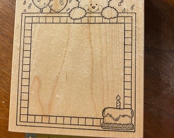 Happy Birthday Frame with Teddy and Balloons Rubber Stamp Block - paper crafting print making card making great for kids - 4 1/2" x 5 1/2"