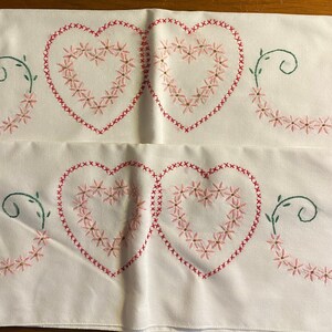 Hand Embroidered Set PILLOW CASEs Vintage - White Cotton Hearts w/ Embroidered Flowers - Pastel Pink Tones with Green Vines - 19&quot; x 29&quot;