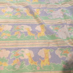 Vintage fabric piece Cute ANIMAL PRINT:  Elephants, Giraffes, Bears, Monkeys, Lions and Birds, Pastel colors (by the yard)