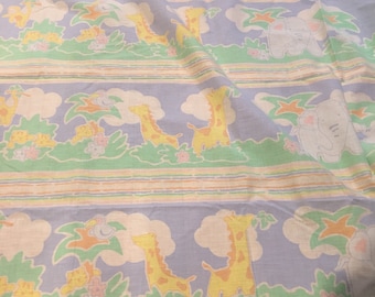 Vintage fabric piece Cute ANIMAL PRINT:  Elephants, Giraffes, Bears, Monkeys, Lions and Birds, Pastel colors (by the yard)