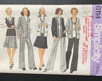 May include: A sewing pattern for a women's outfit. The pattern includes a jacket, pants, and a skirt. The pattern is from Simplicity and is size 10. The pattern is for a miss and has a bust size of 32 1/2 inches and a waist size of 25 inches. The pattern is called "Stitch N' Time" and is from 66078 Van Dyke Romeo, Michigan 48055. The pattern is available for $1.25.