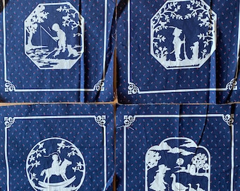 Silhouette Pictures of Children Fabric Panel to Sew, 3 or 4 - 8" x 8" Ready to Sew Navy Blue  - Great for Pillows, Appliqué, Quilts etc.