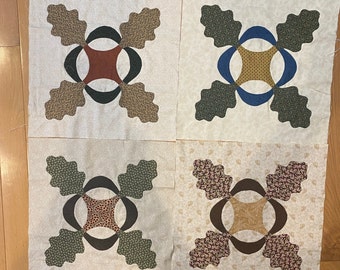 Hand Appliquéd Leaf Circle 4 total Fabric Quilt Block Pieces 16" Square  Beige Background with Green, Blue,  Brown, Red ,  and  Yellow