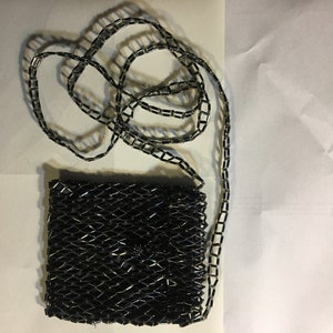 Purse - Black Beaded Purse - Adini - Shoulder Strap - Evening Bag - Bead Button Closure - Satin Lining - 4&quot; x 4&quot; small bag