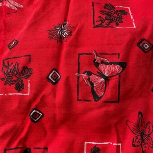 Red / Black Linen type Fabric - Butterfly / Dragon Fly in Black w/ Leaves on Red - Fabric by the yard - 1 yard x 60" wide - Channel Fabrics