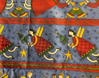 Small Bit Christmas Whimsical Angel fabric by the yard Yellow / Red / Black on Blue Background - Choose Size: