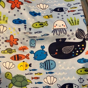 Under The Sea - Fun soft Fish / Turtle Print fabric 36&quot; x 27&quot;  - Pale Blue Background w/ blue, Green , Yellow, Black Fish,
