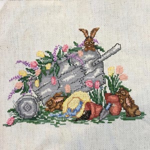 X-genäht Hasen in einem Warenkorb Blumen - handgenäht auf Stoff bereit, in einem Projekt (Kissen, Decke, Bild)-Pastell-Farben (Oster-) verwenden