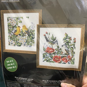 Spring and Summer Duo Birds / Flowers -  Bucilla Counted Cross Stitch Kit - 43261  - 8&quot; x8&quot; - 2003