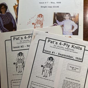 May include: A collection of vintage knitting magazines titled "Pat's Bulky Knits" and "Pat's 4-Ply Knits." The covers feature illustrations of a woman knitting and include issue numbers, dates, and the price of a single copy. The magazines are printed in black and white.
