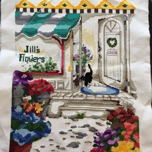 Cross stitched FLOWER SHOP with CAT - Hand Stitched on Fabric Project Ready to use  (pillow, quilt, picture) Multi colors x-stitch
