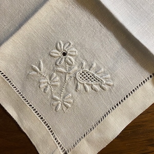 Antique White Open Work Embroidered TABLE Linen Set of 4 Napkins -  Flower Leaves  12&quot; x 12&quot; napkin
