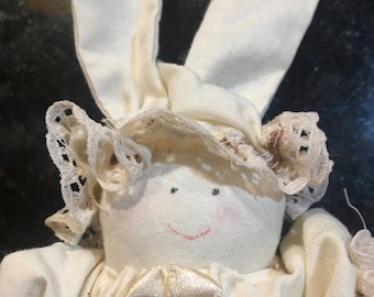 Bunny  Doll with Bonnet - Hand Crafted- muslin dress and Bonnet with eyelet trim