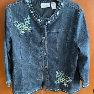 DENIM Beaded JACKET - Alfred Dunnor  Women&#39;s / Ladies / Misses - Long Sleeve  - Size 14 - Butterfly and beads - Blue / Purple