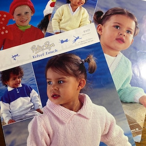 May include: Several children's knitwear pattern covers are displayed, featuring images of children wearing sweaters. The covers have the text "Peter Pan Velvet Touch" and include measurements in centimeters and age ranges.