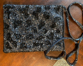 Evening Purse / Bag - Black Beaded Purse  - Shoulder Strap - Evening Bag - Zipper Closure - Satin Lining - 6 1/2" x 8" small bag