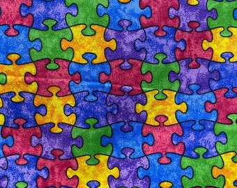A Small Bit Fabric - Jigsaw Puzzle - Rainbow  - 13" x 54" + 10" x 20" Multi Colored Background with Yellow, Purple Pink Blue Green