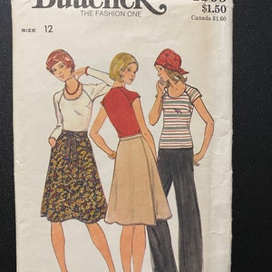 May include: Vintage sewing pattern for a skirt and t-shirt. The pattern is from Butterick, size 12, and the pattern number is 4309. The pattern is for moderate stretch knits only. The pattern shows three women wearing different versions of the skirt and t-shirt.