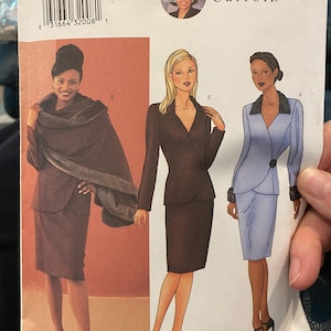 Misses Two piece Suit Jacket with Wrap Asymmetrical Closing / Skirt and Stole  Butterick Diahann Carroll 6707  - Size 18, 20, 22 - Uncut